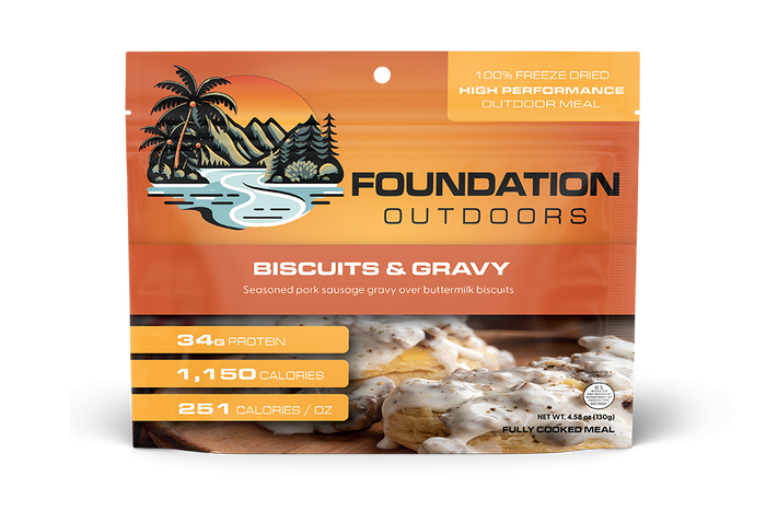 Biscuits and sausage gravy freeze-dried meal pouch, front