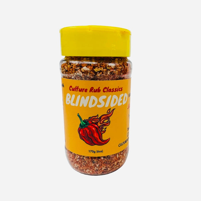 Blindsided dry seasoning jar with yellow cap and red pepper illustration