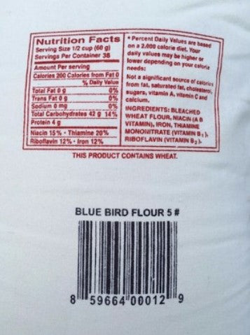 Blue Bird 5 lb flour label showing ingredients, nutrition facts, and wheat allergen statement