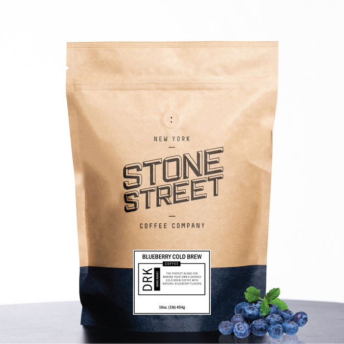 Front of the Stone Street Blueberry Cold Brew coffee bag with its product label visible
