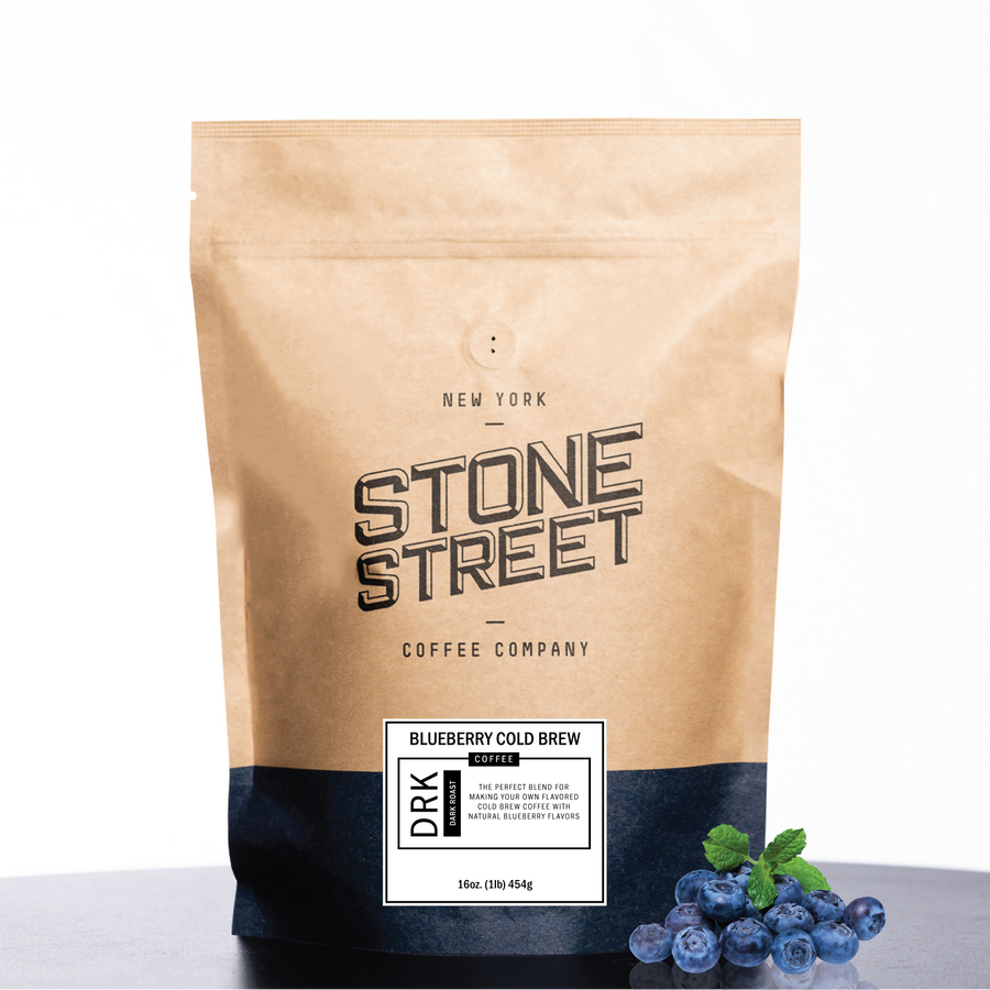 Front of the Stone Street Blueberry Cold Brew coffee bag with its product label visible