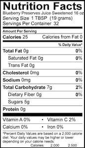 Nutrition facts label for Juice-Sweetened Blueberry Preserves