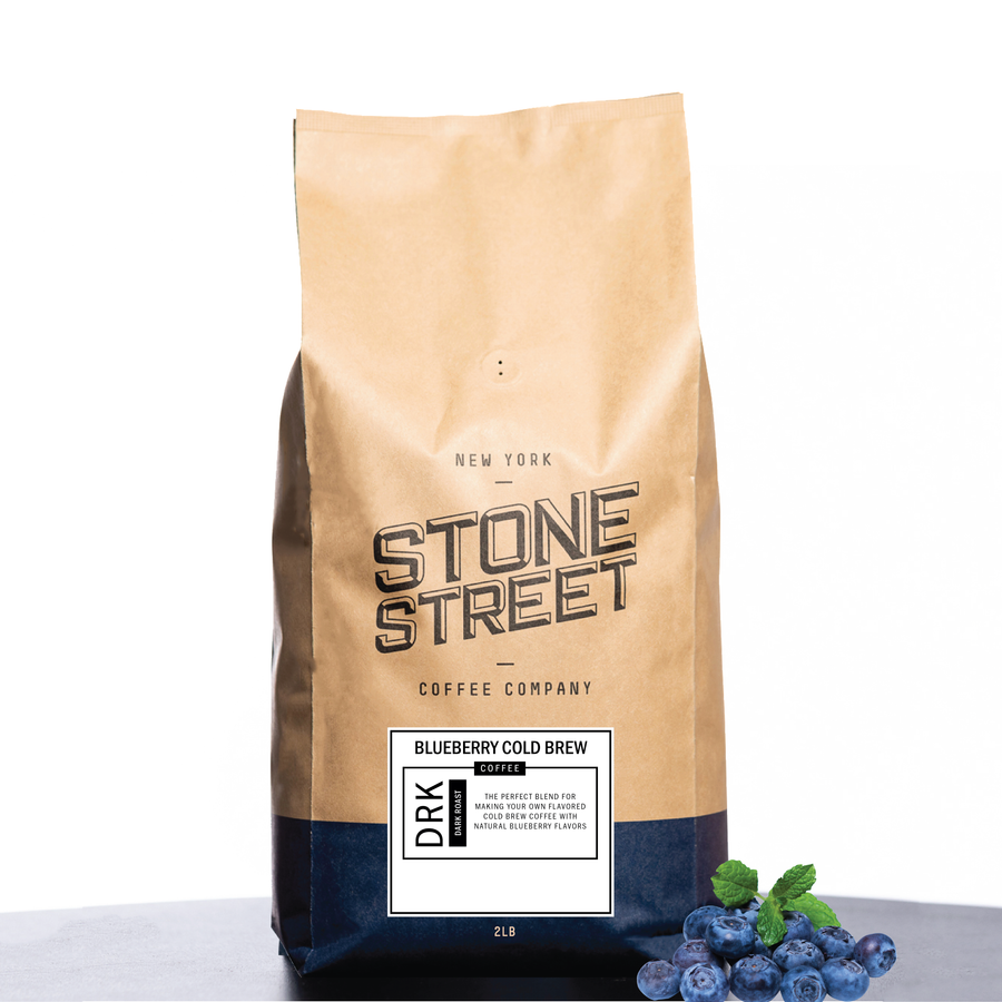 Front of the Stone Street Blueberry Cold Brew coffee bag with its product label visible
