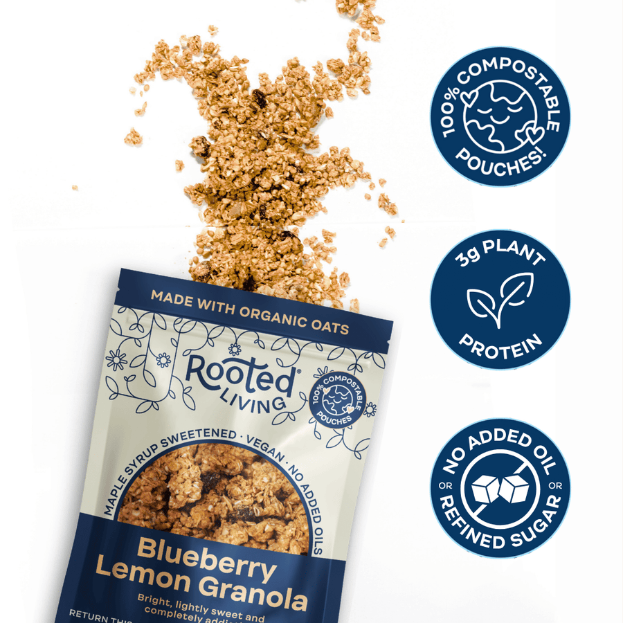 Blueberry Lemon Granola pouch with spilled granola and packaging feature graphics