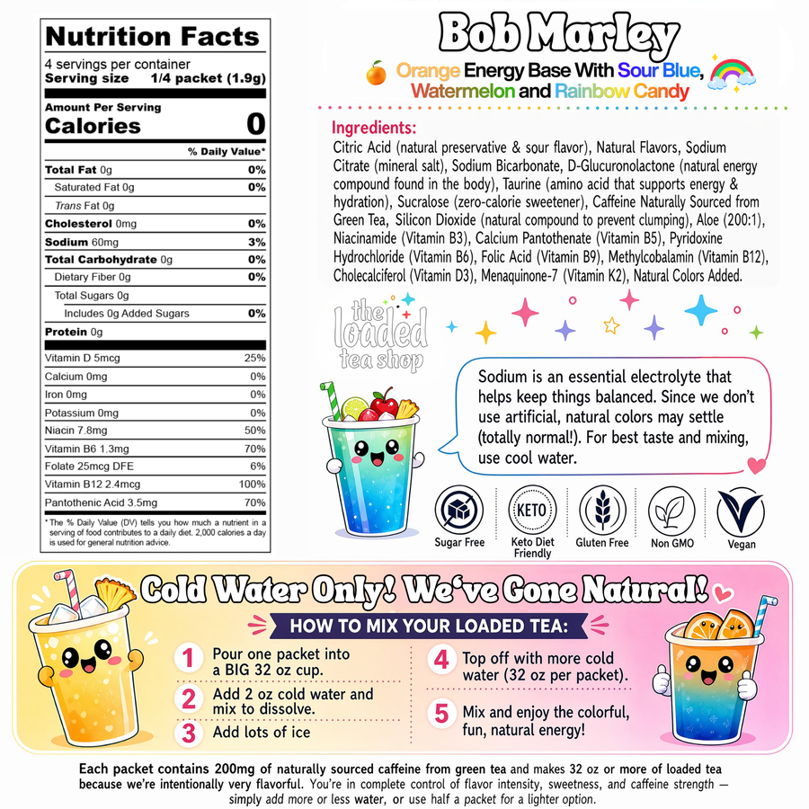 Bob Marley loaded tea nutrition and ingredient label