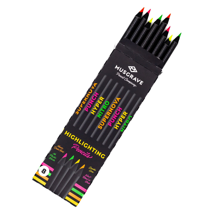 Open highlighter pencil box showing the sharpened colored tips