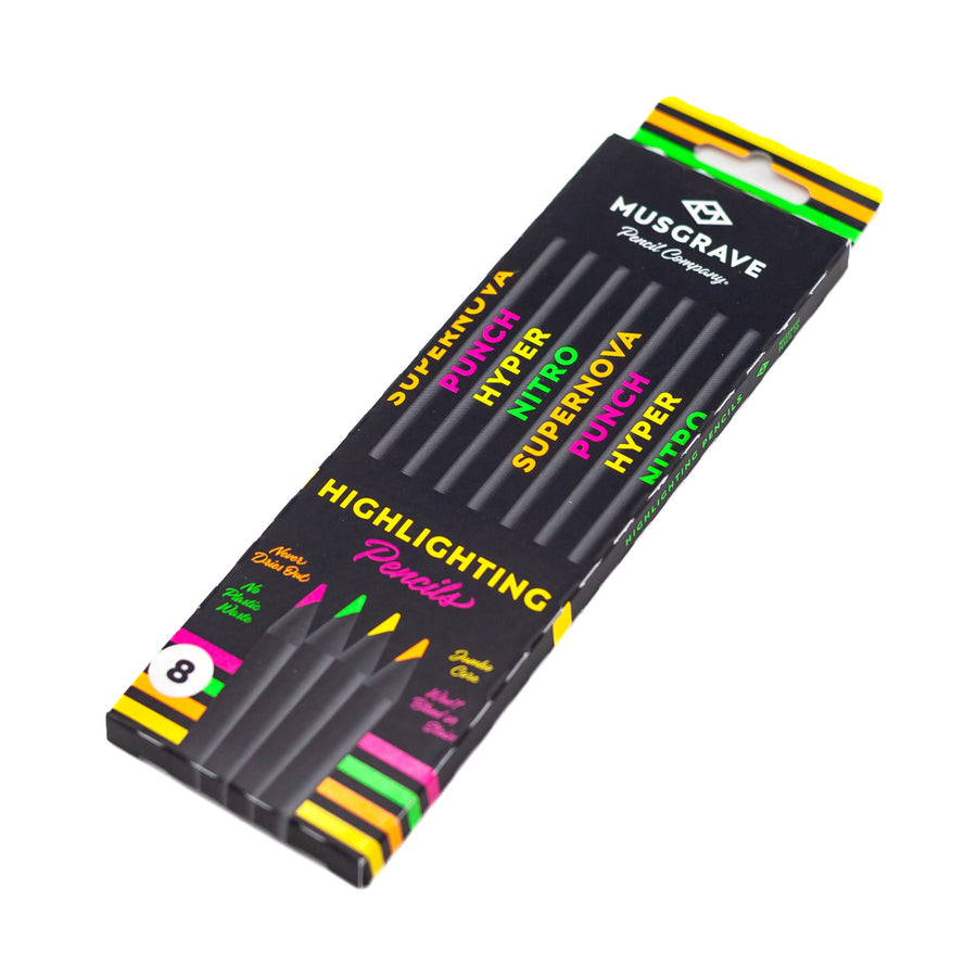 Angled view of the eight-count highlighter pencil box