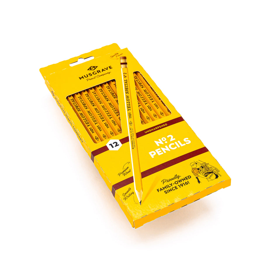 Angled view of the twelve-count Yellow Special pencil box