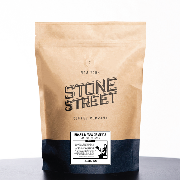 Front of the Stone Street Brazil Matas de Minas coffee bag with its product label visible