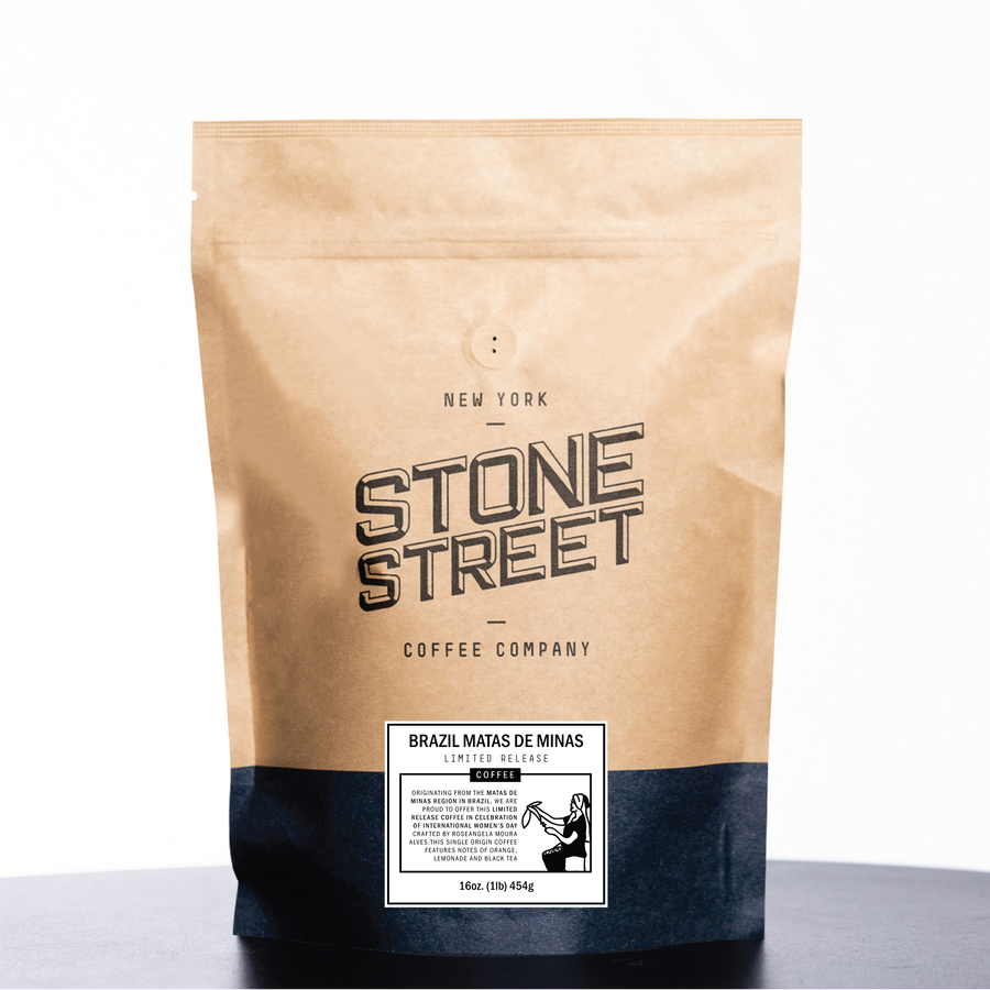 Front of the Stone Street Brazil Matas de Minas coffee bag with its product label visible