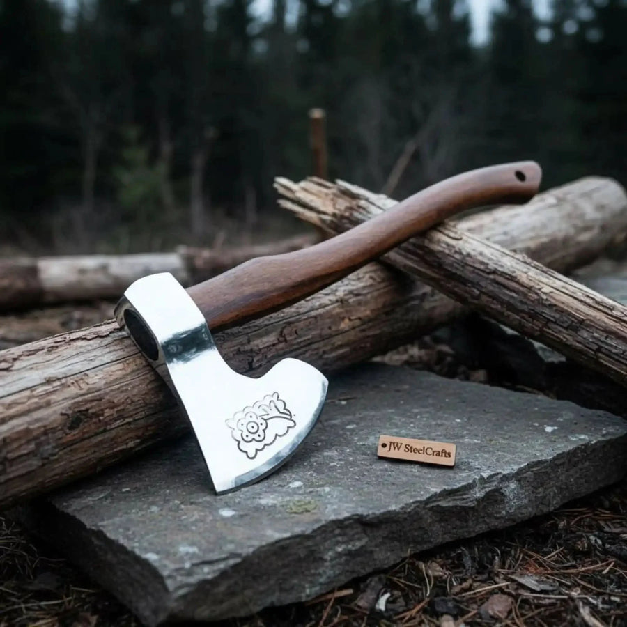 Hand Forged Damascus Steel Viking Axe – Bearded Camping Hatchet with Hardwood Handle & Leather Sheath | JW SteelCrafts