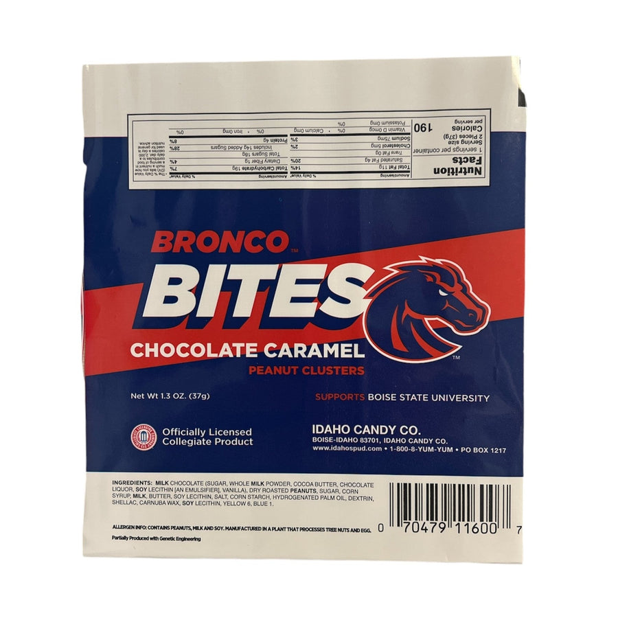 Bronco Bites Chocolate Caramel Peanut Bar — rear wrapper label