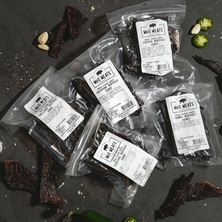 Buffalo Jerky Sampler, five packaged flavors with loose strips