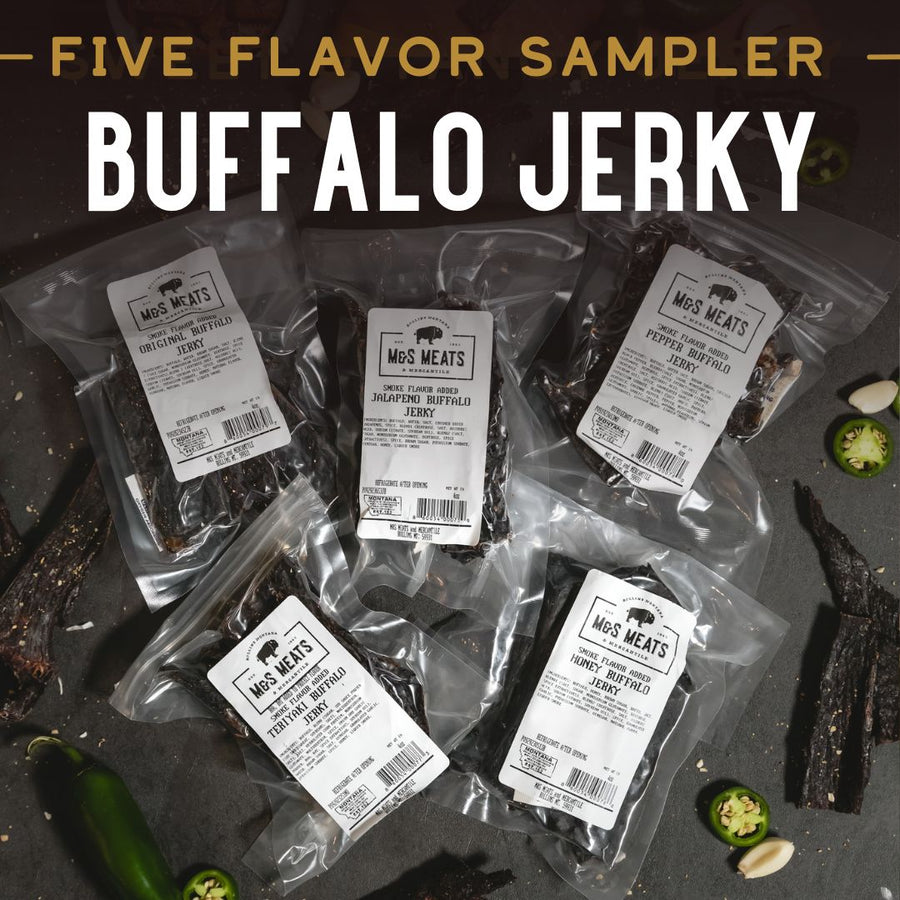 Buffalo Jerky Sampler, promotional image of five buffalo jerky flavors