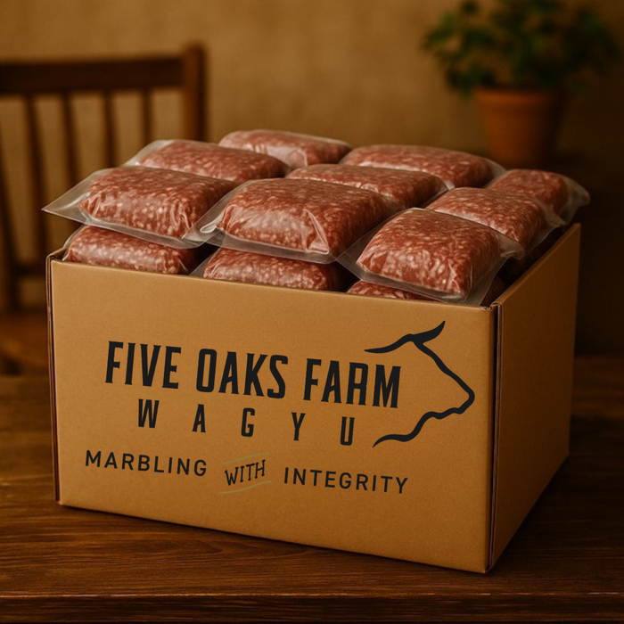 Individually wrapped Wagyu ground beef portions in a Five Oaks Farm cardboard box