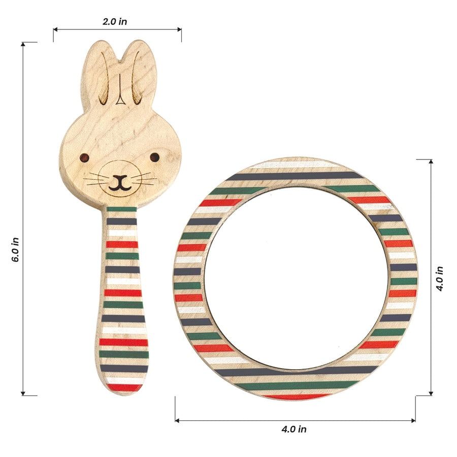 Bunny wooden rattle and striped discovery mirror with dimension annotations