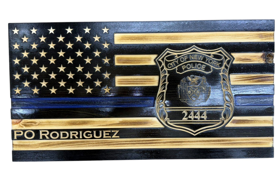 Personalized Thin Blue Line Wooden Police Flag with Engraved Badge — product photo 14