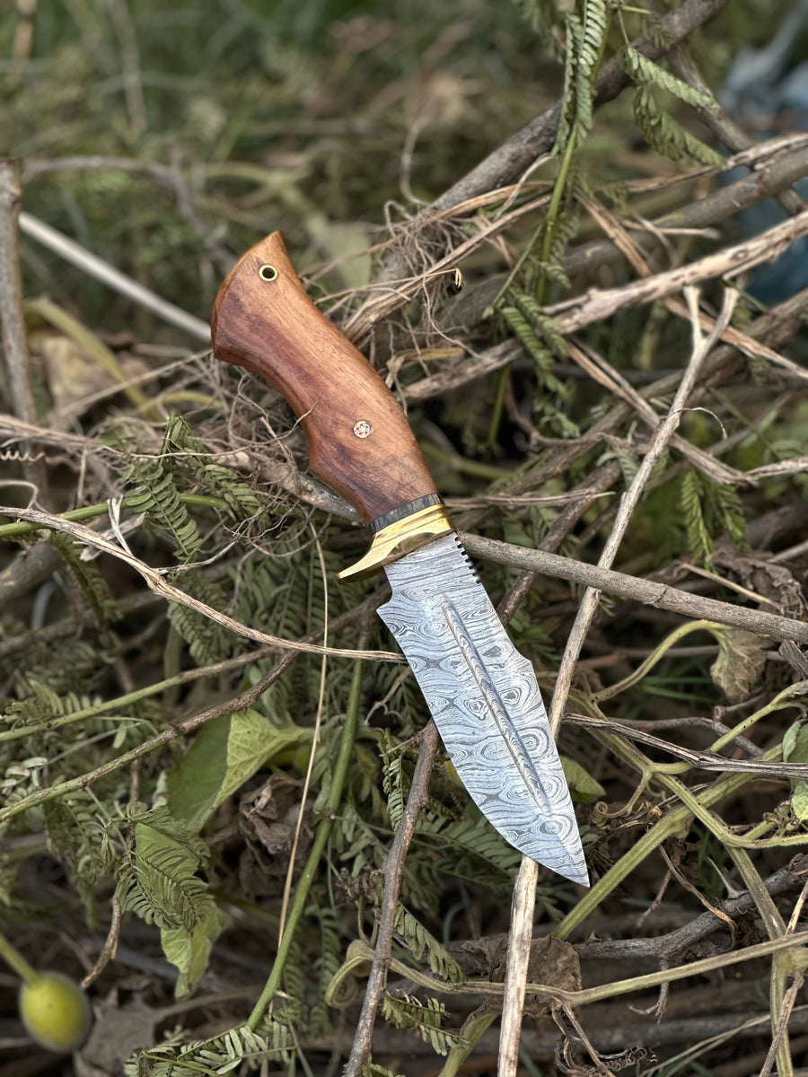 Hunting Blade – 10" Damascus Steel Knife with Rosewood Handle, Brass Guard & Leather Sheath