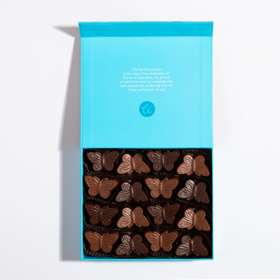 Open larger box of Peanut Praline Chocolate Butterflies