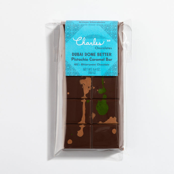 Pistachio Caramel Dubai Chocolate Bar in labeled packaging