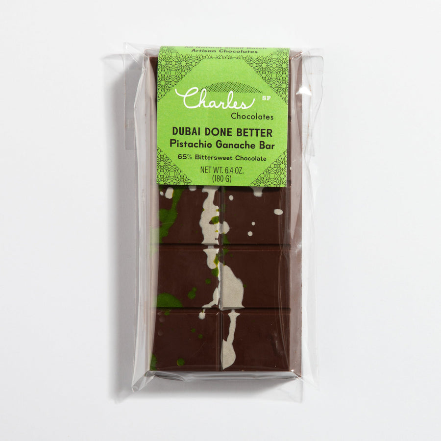 Dark Ganache Dubai Pistachio Chocolate Bar in labeled packaging