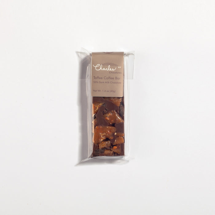 Mini Toffee Coffee Milk Chocolate Bar in labeled packaging