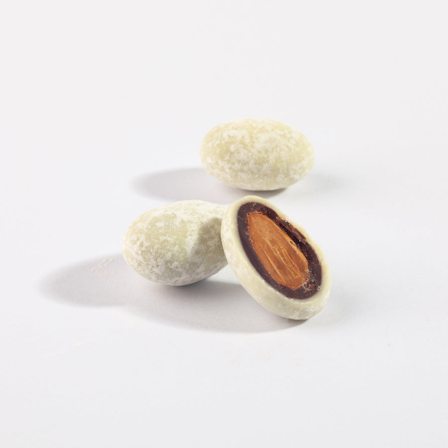 Mint Dark & White Chocolate Almonds, whole and halved to show the nut center