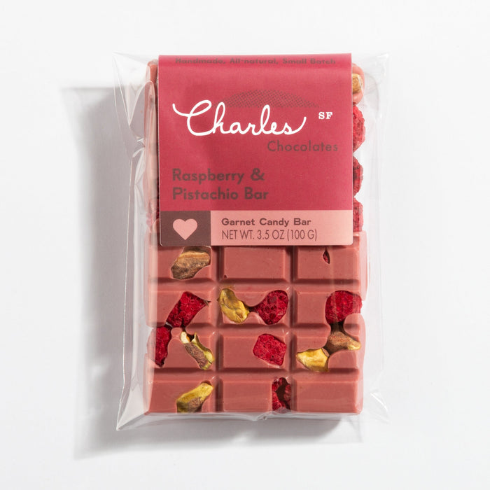 Ruby Chocolate Raspberry & Pistachio Bar in labeled packaging