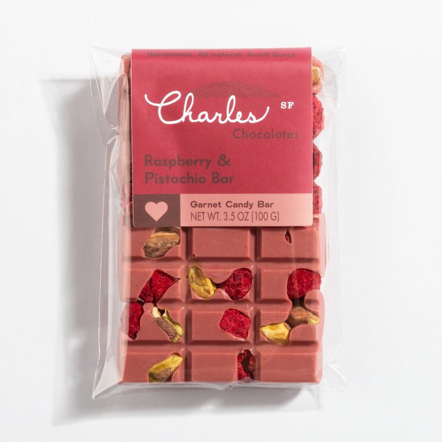 Wrapped ruby chocolate raspberry and pistachio bar from the medium assortment