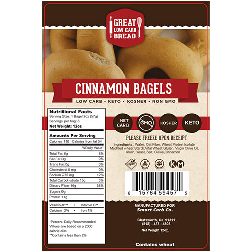 Cinnamon Low Carb Bagels: package label with ingredients and nutrition.