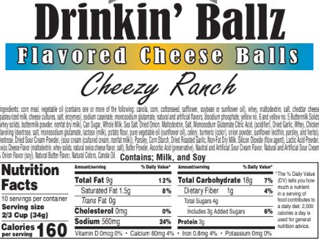 Cheezy Ranch Cheese Balls ingredient, allergen, and Nutrition Facts label