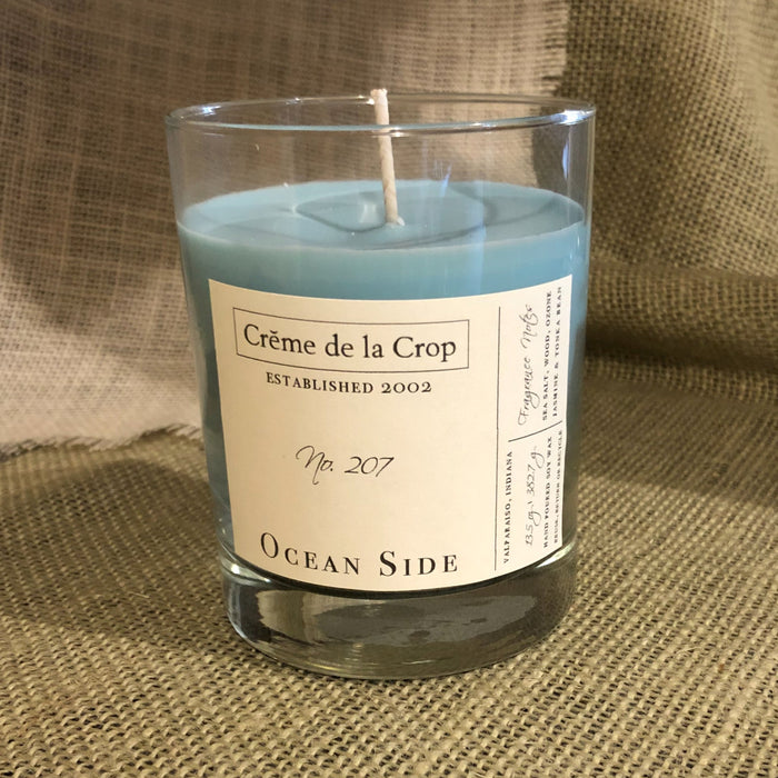 Ocean Side Soy Candle glass showing its side label