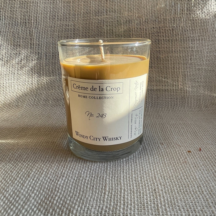 Windy City Whisky Soy Candle in a labeled glass container