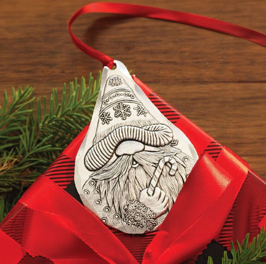 Styled display featuring Candy Cane Gnome Ornament