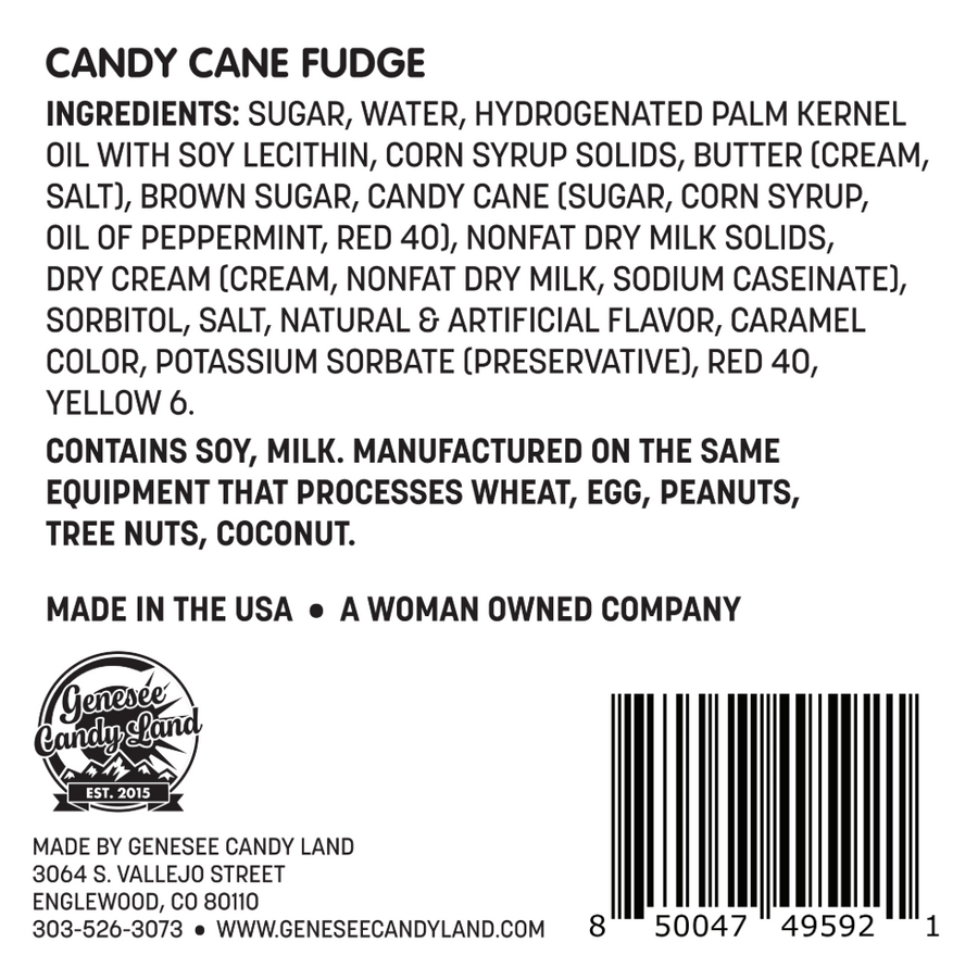 Candy Cane Peppermint Fudge ingredient and allergen label