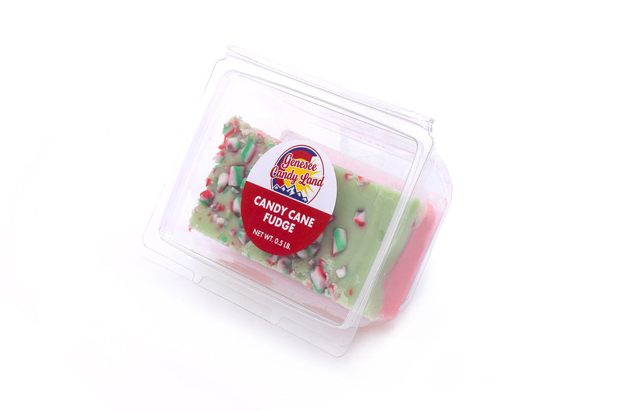 Candy Cane Peppermint Fudge, half-pound in clear clamshell packaging viewed from the side