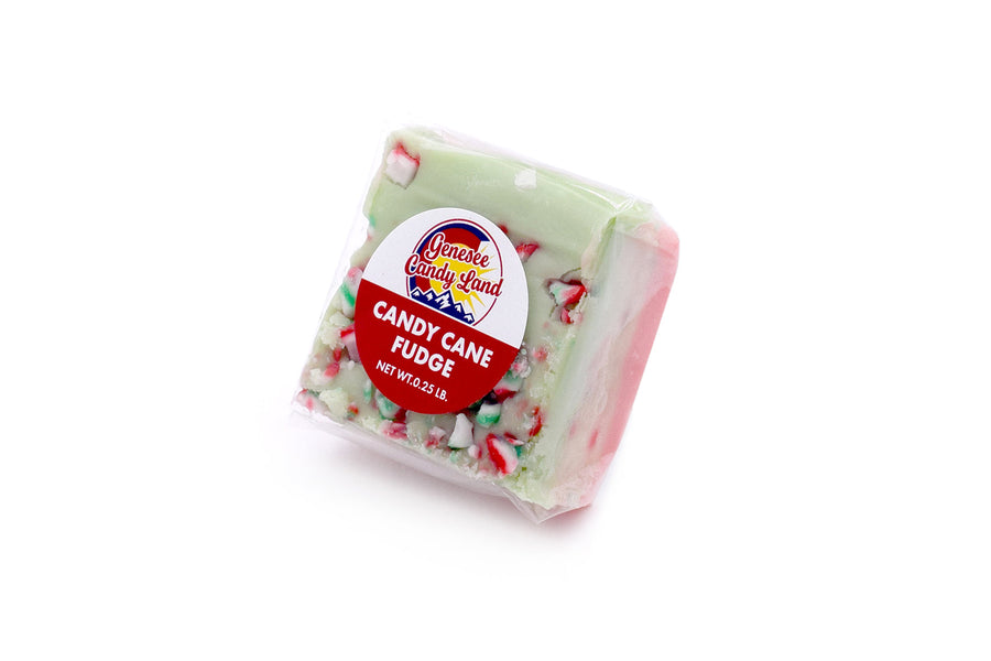 Candy Cane Peppermint Fudge, quarter-pound in individual wrapping viewed from the side
