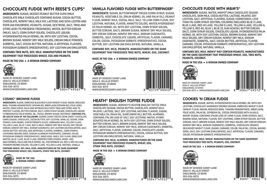 Candy-Mania Fudge Variety Box – 6 Flavors ingredient and allergen labels for included varieties