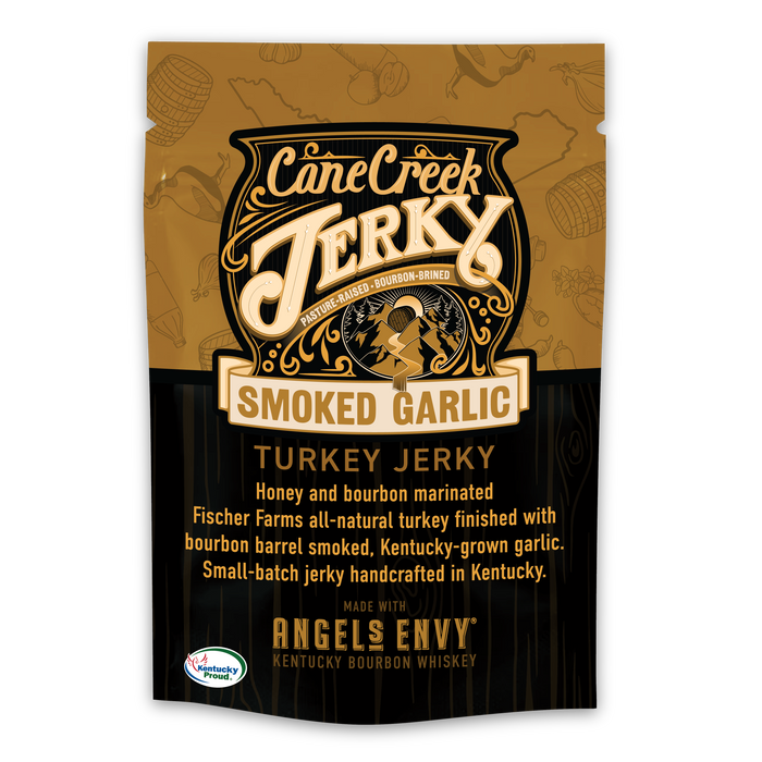 Cane Creek Smoked Garlic Turkey Jerky in a gold and black pouch