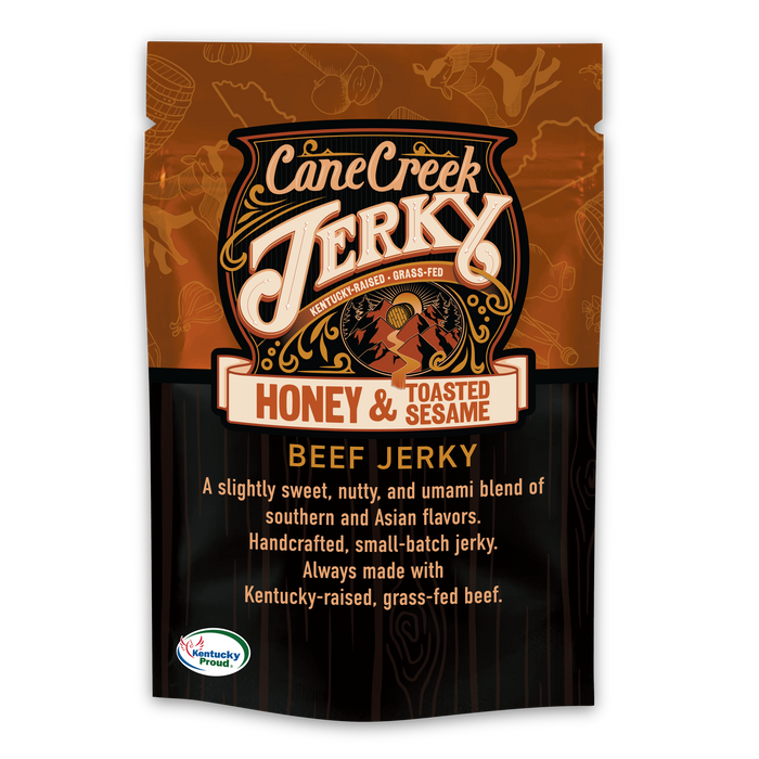 Cane Creek Honey & Toasted Sesame Beef Jerky in a brown and black pouch