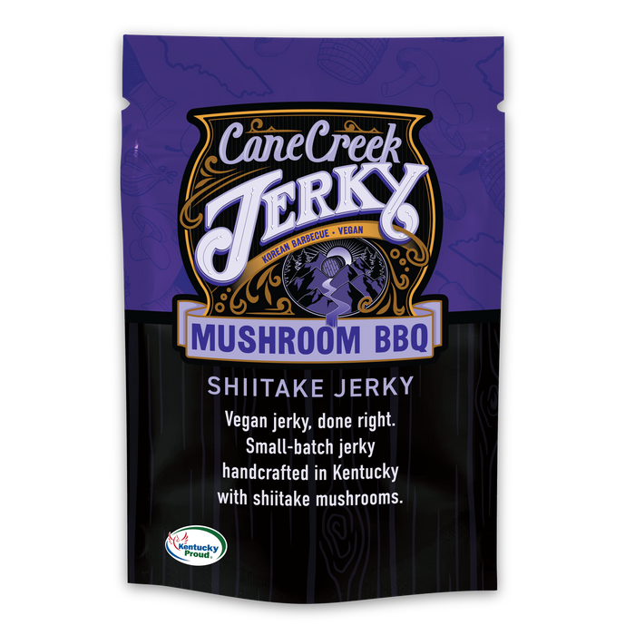Cane Creek Korean BBQ vegan shiitake mushroom jerky in a purple pouch