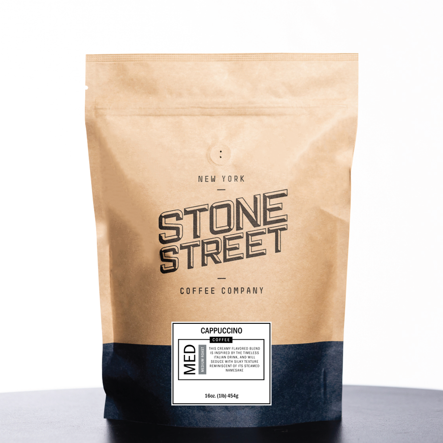 Front of the Stone Street Cappuccino coffee bag with its product label visible