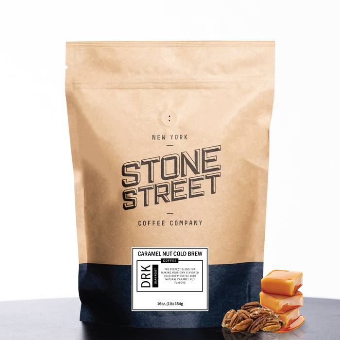 Front of the Stone Street Caramel Nut Cold Brew coffee bag with its product label visible