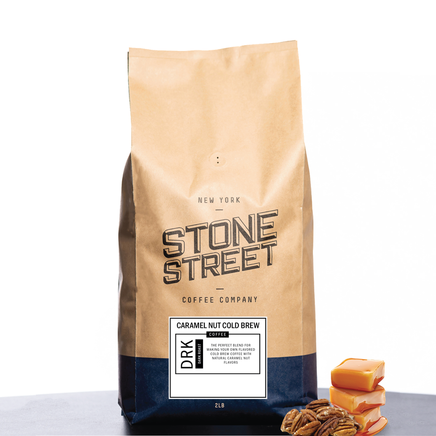 Front of the Stone Street Caramel Nut Cold Brew coffee bag with its product label visible