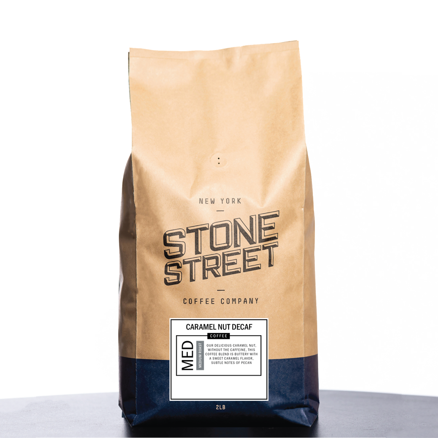 Front of the Stone Street Caramel Nut Decaf coffee bag with its product label visible