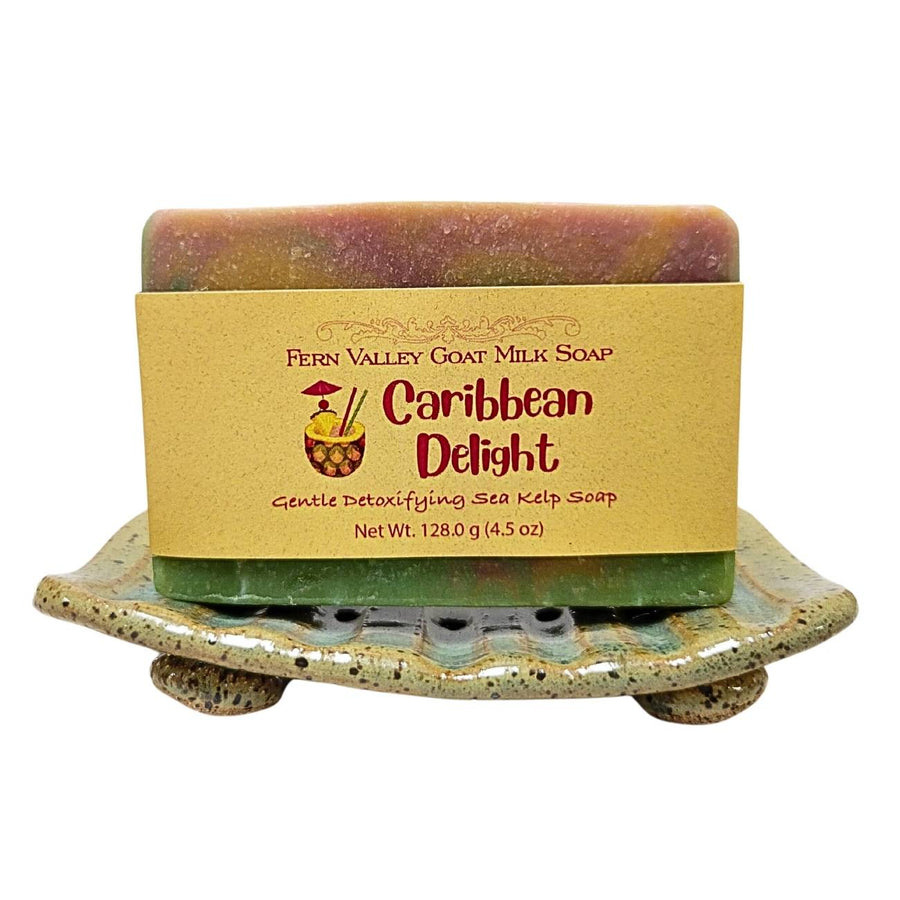 Caribbean Delight goat milk soap — bar on a decorative soap dish