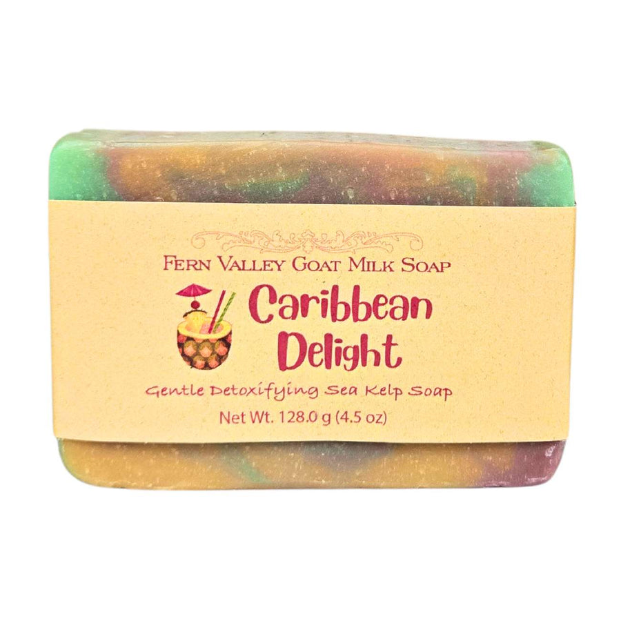 Caribbean Delight goat milk soap — labelled bar, front view