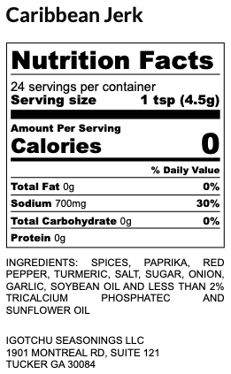 Caribbean Jerk seasoning – nutrition facts panel
