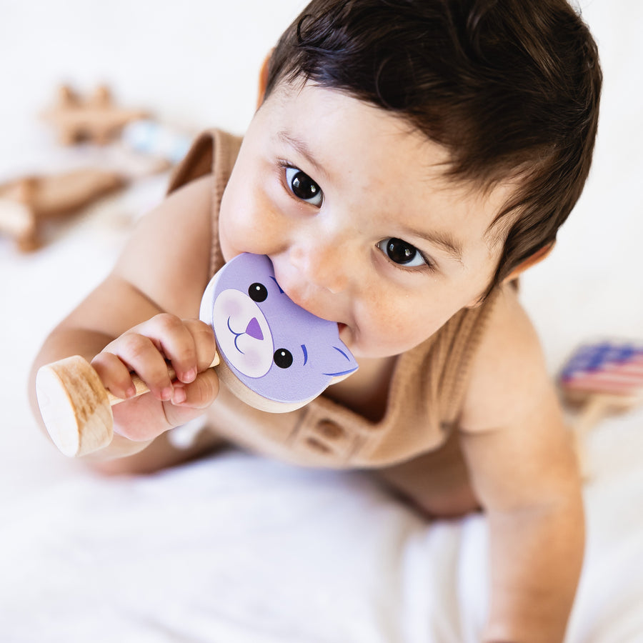 Child holding a purple cat-shaped wooden rattle during play