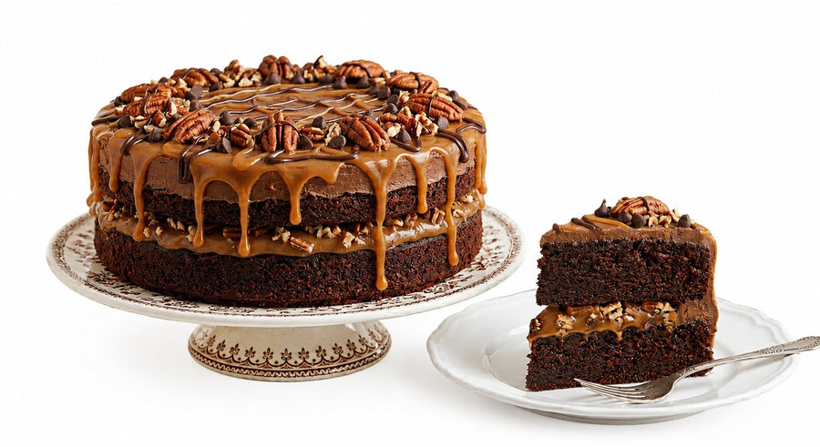Sugar-Free Turtle Pecan Cake with Chocolate & Caramel